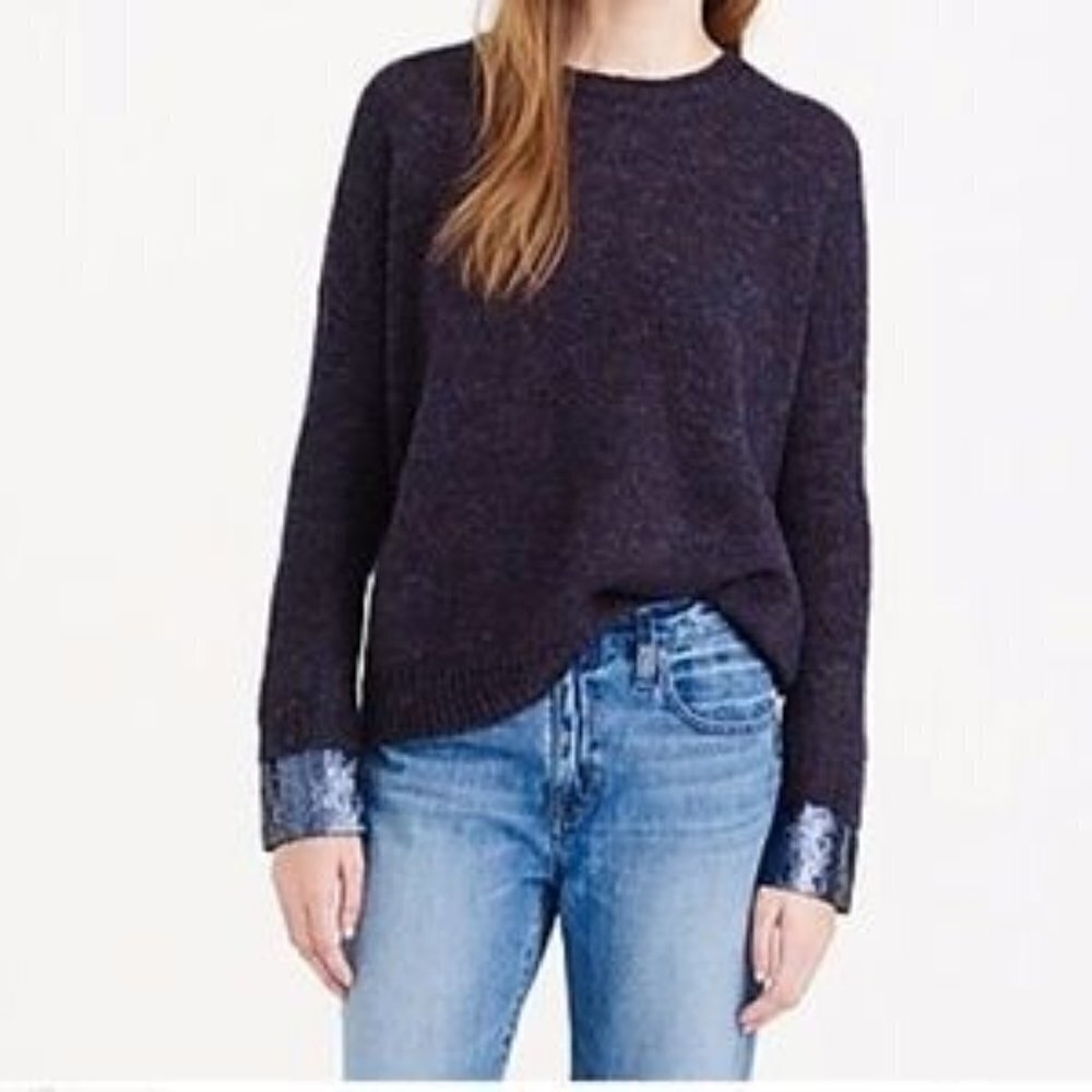 J. Crew Dark Blue Sequin Cuff Crewneck Sweater‎ S
